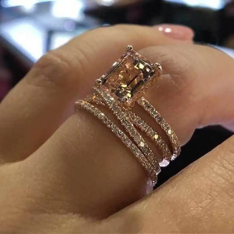 

Three sets of rings plated with rose gold sparkle diamond square ring, European and American champagne engagement ring