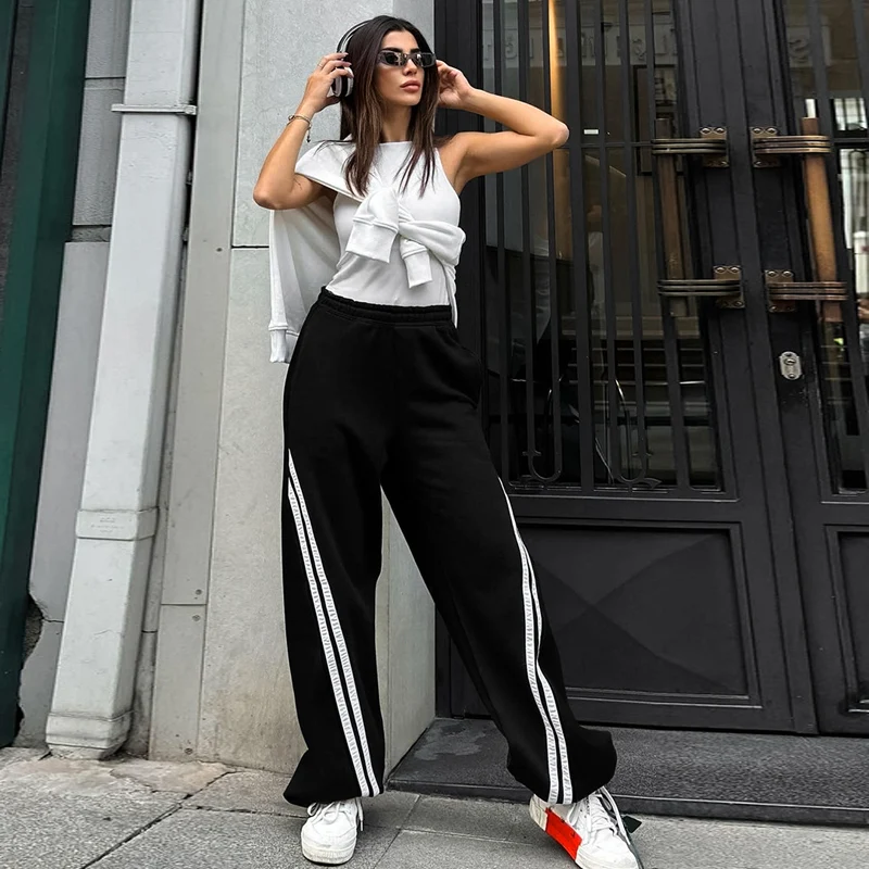 Модные брюки для бега DGLUKE с полосками по бокам женские черные спортивные высокой