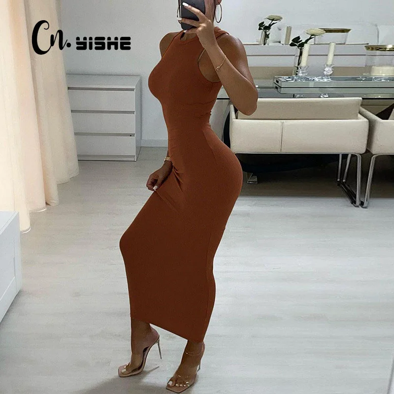

CNYISHE Ribbed Knitted Autumn Black Maxi Dress Women 2021 Sexy Party Bodycon Long Dress Round Neck Tight Dresses Robes Sundress
