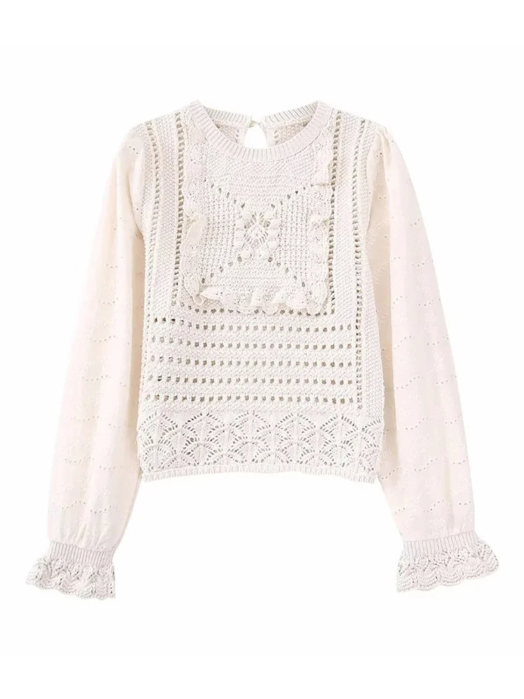 

Chic Lady Spring 2023 New Fashion Embroidery Patchwork Sweaters Womens O-Neck Hollow Out Elegant Knitted Pullover Girls Knitwear