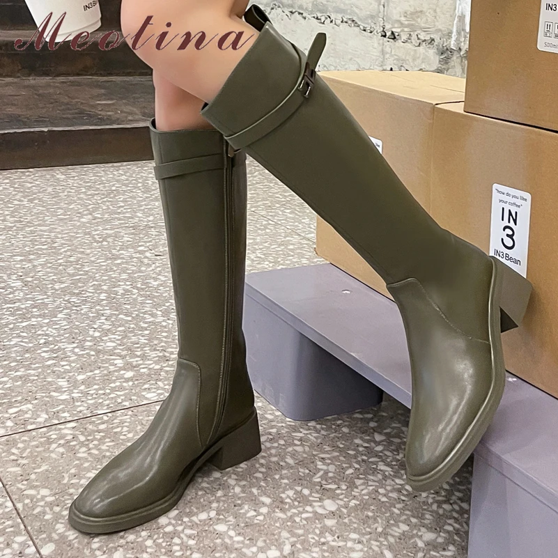 

Meotina Women Genuine Leather Knee High Riding Boots Round Toe Thick Mid Heel Zipper Lady Fashion Long Boot Autumn Winter Shoes