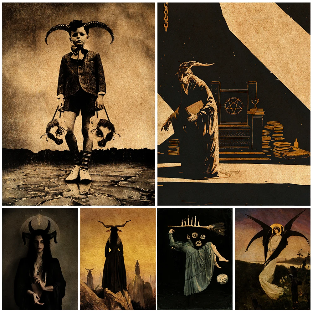

The Goat Witch And Devil Boy Vintage Wall Art Canvas Painting Six Winged Angels Come Art Poster And Prints Home Decoration