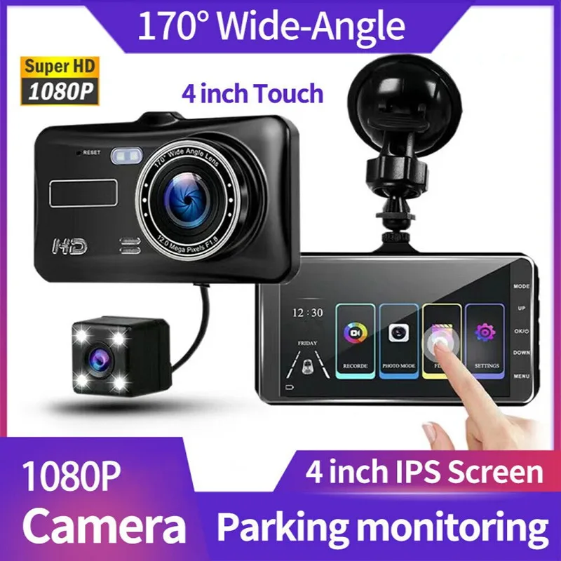 

Автомобильный видеорегистратор, камера заднего вида с 4 "сенсорным экраном, HD1080P, с двумя объективами, ночным видением, запись спереди и сзад...