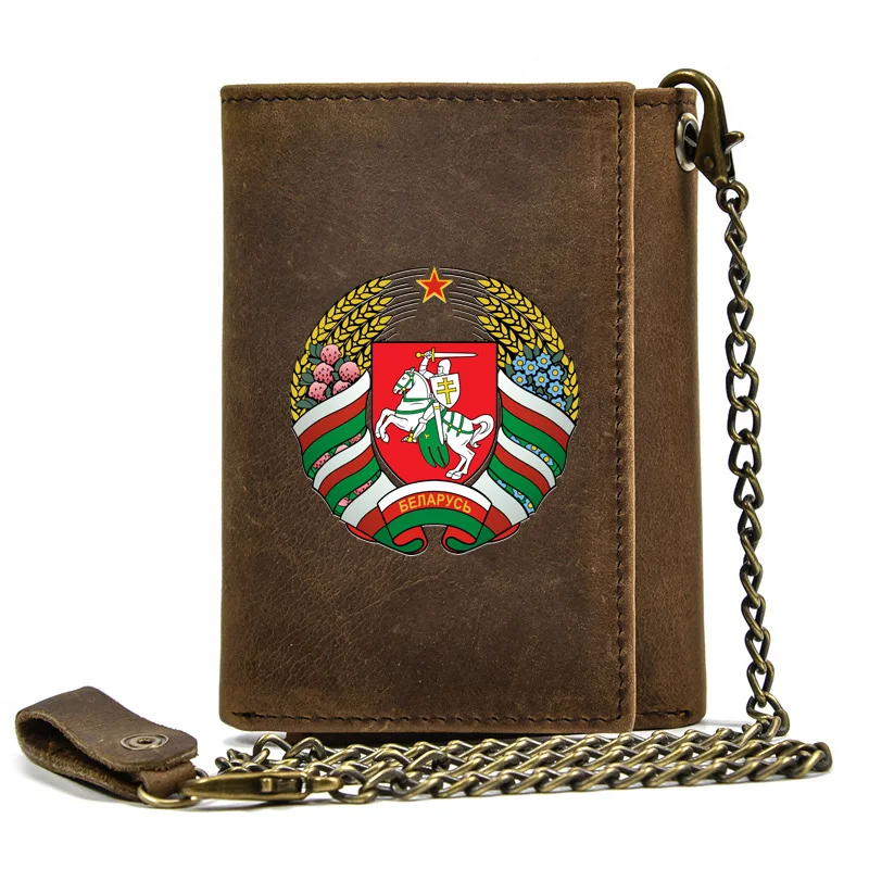 

High Quality Men Genuine Leather Wallet Anti Theft Hasp With Iron Chain Retro Рэспубліка Беларусь Cover Card Holder Short Purse