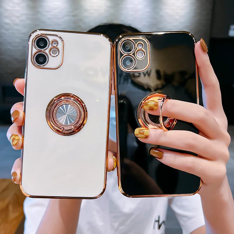 

Luxury Square Soft Magnetic Case For iPhone 12 11 13 Pro Max XS XR X S 7 8 Plus iPhone13 13Pro Full Cover With Ring Holder Stand