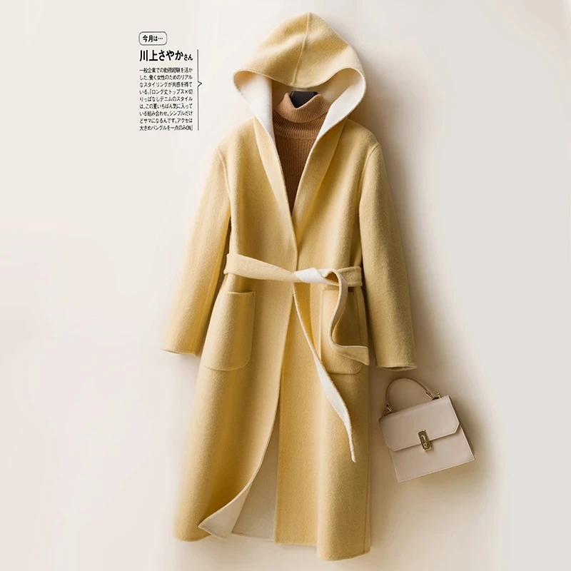 

Camel Wool Coat Women's Hooded Lace-Up Cardigan With Pockets Loose Top Double-Sided Woolen Jacket Streetwear Outerwear Female