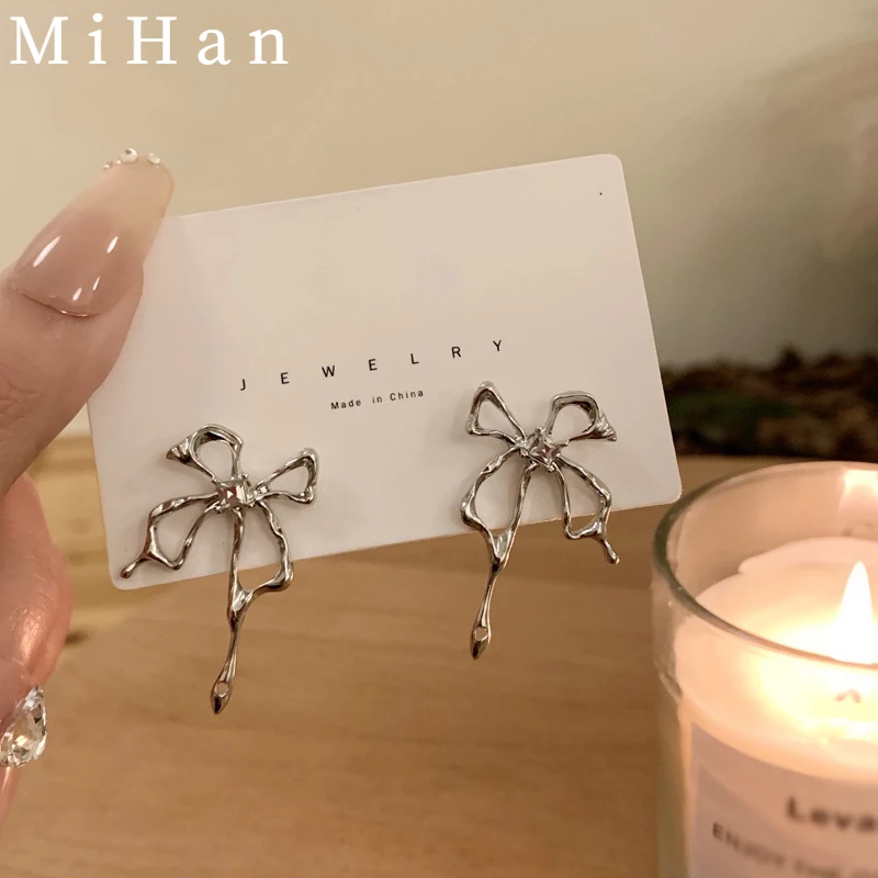 

Mihan Trendy Jewelry Bowknot Earrings 925 Silver Needle Sweet Korean Temperament Metal Silver Color Earrings For Women Girl Gift