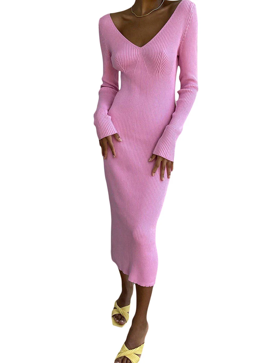 

Женское трикотажное платье-свитер с длинным рукавом и V-образным вырезом