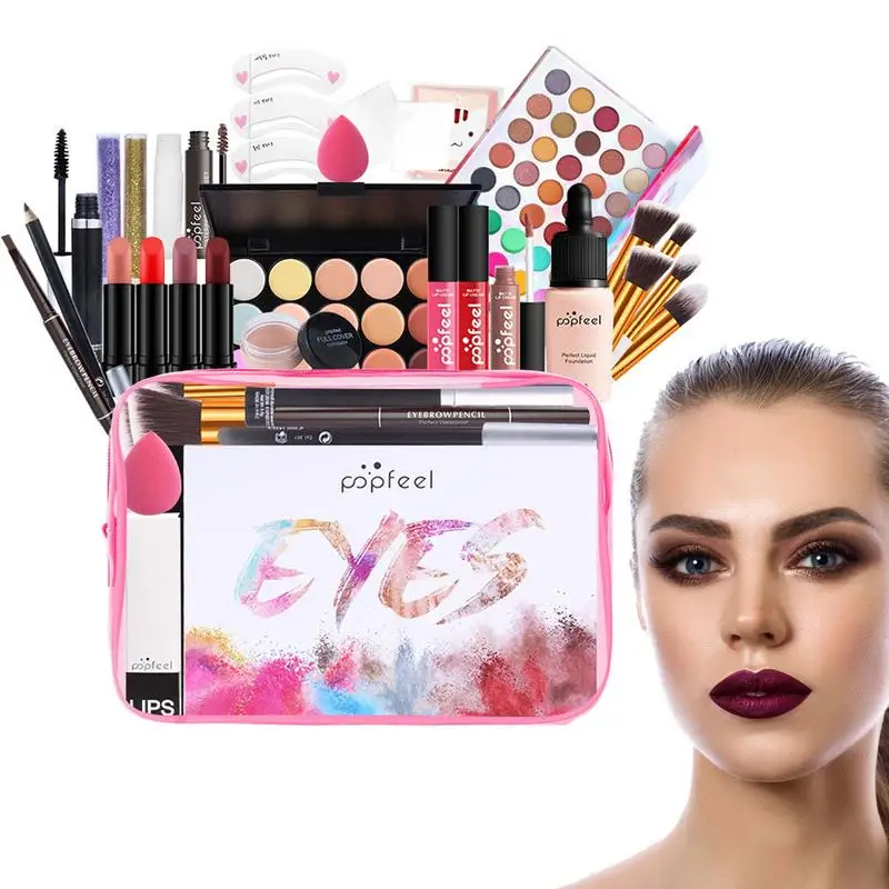 

POPFEEL All In One Makeup KitEyeshadow LiGloss Lipstick Brushes Eyebrow ConcealerBeauty Cosmetic Bag