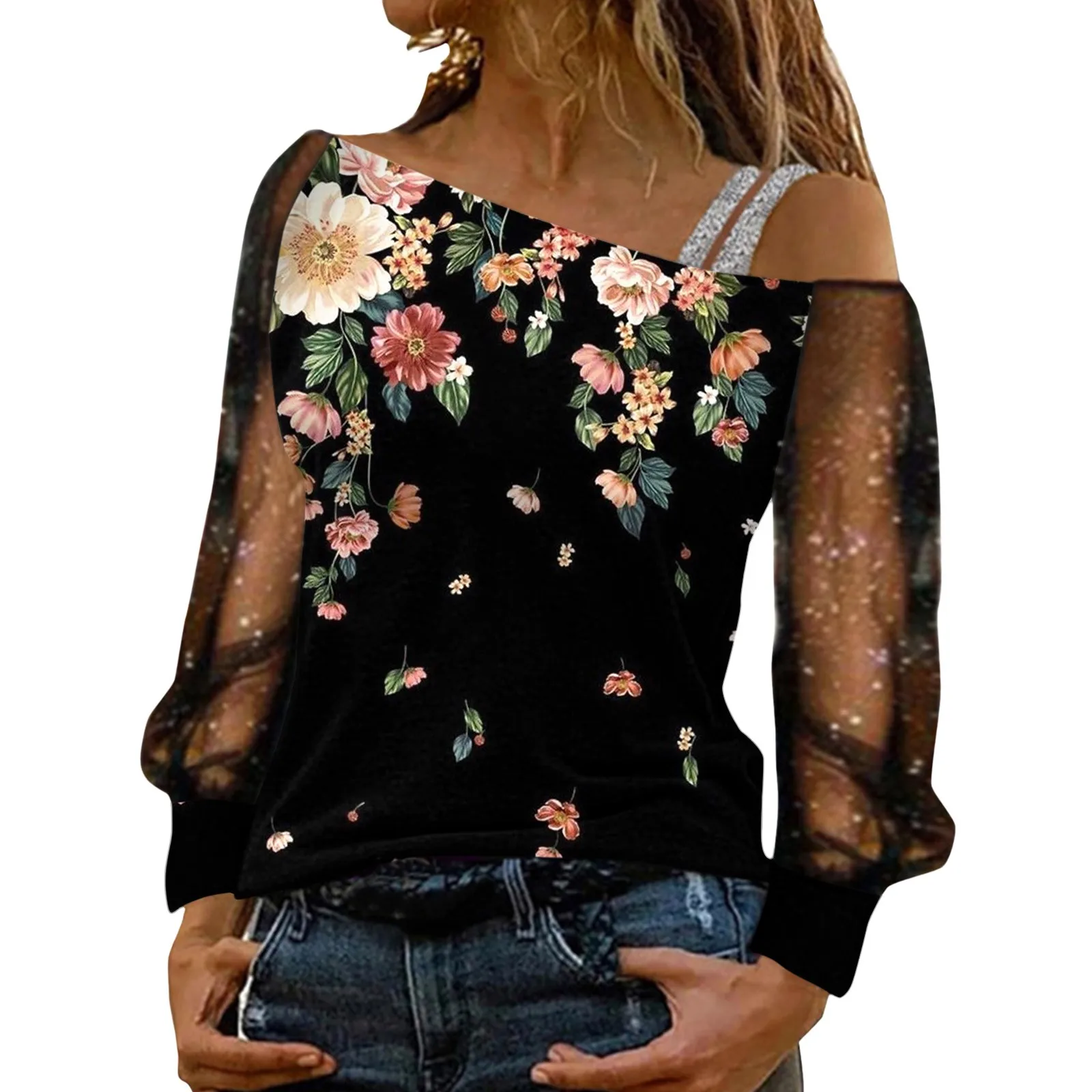 

Женский Повседневный Топ с блестками, базовый топ с открытыми плечами и цифровой 3D печатью, фитнес-рубашка, свободная уличная одежда, уличная одежда