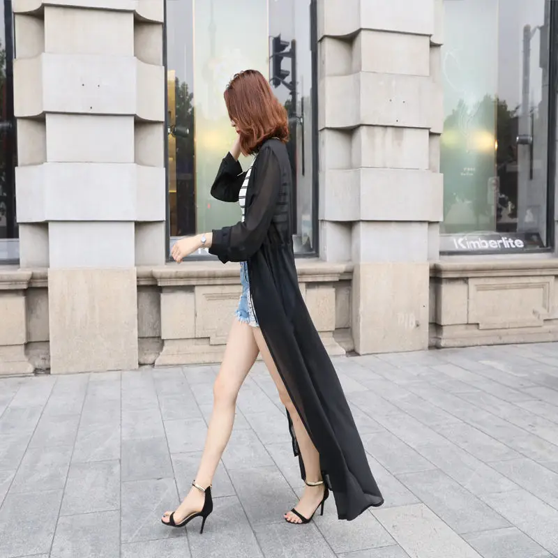 

Geskeey Women's Super Long Chiffon Sun Protective Clothing Summer Cardigan Beach Necessary Micro Through For Steewear Style