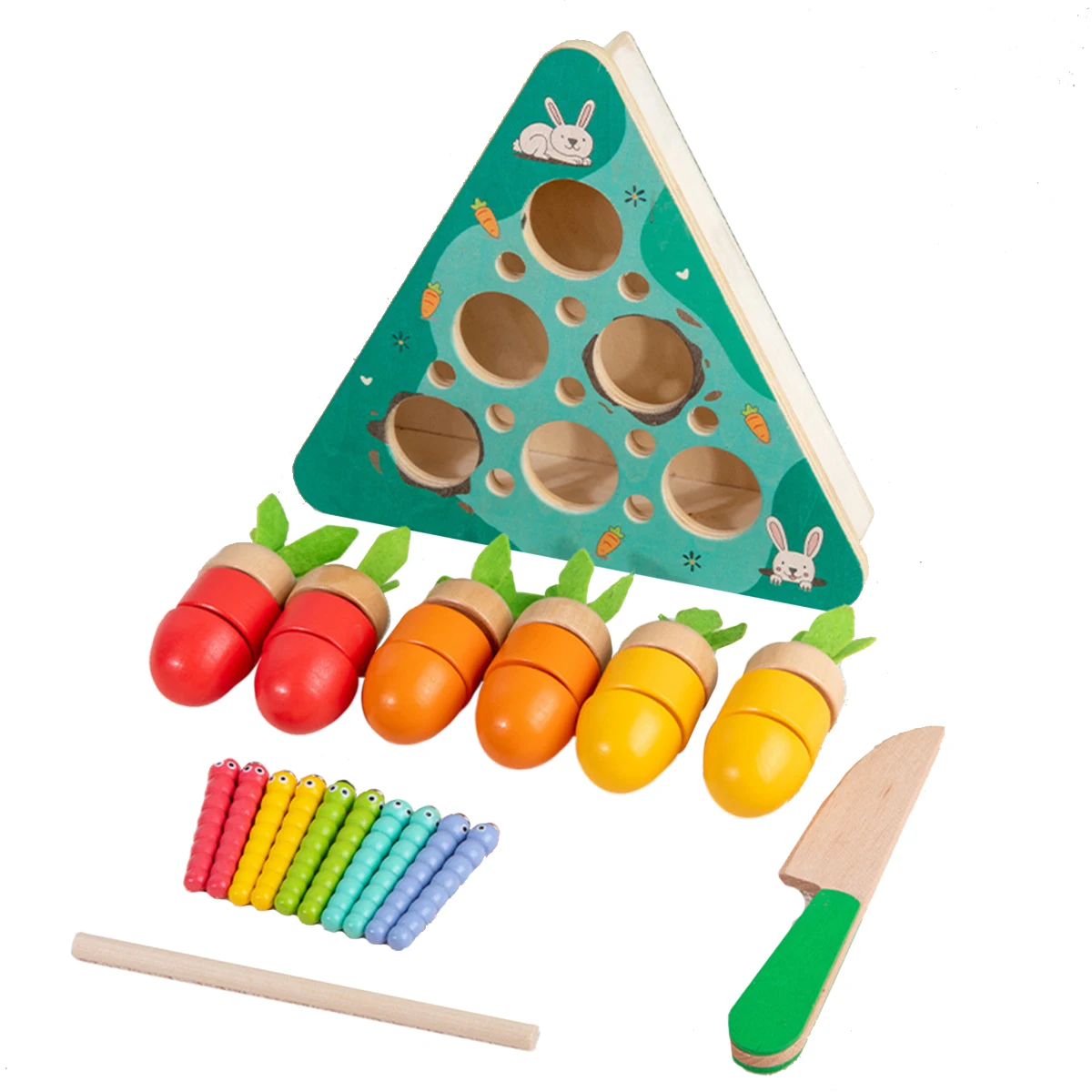 

3 in 1 Montessori Toys for Toddlers Carrot Harvest Shaped and Size Matching Catching Worm Game Sensory Wooden Toy Fine Motor
