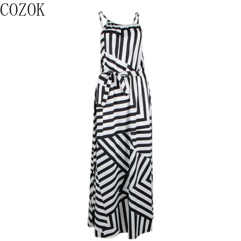 COZOK 2022 Casual Summer lack and White Geometric Print Loose Plus size Dress sexy Dress  maxi Dresses for Women
