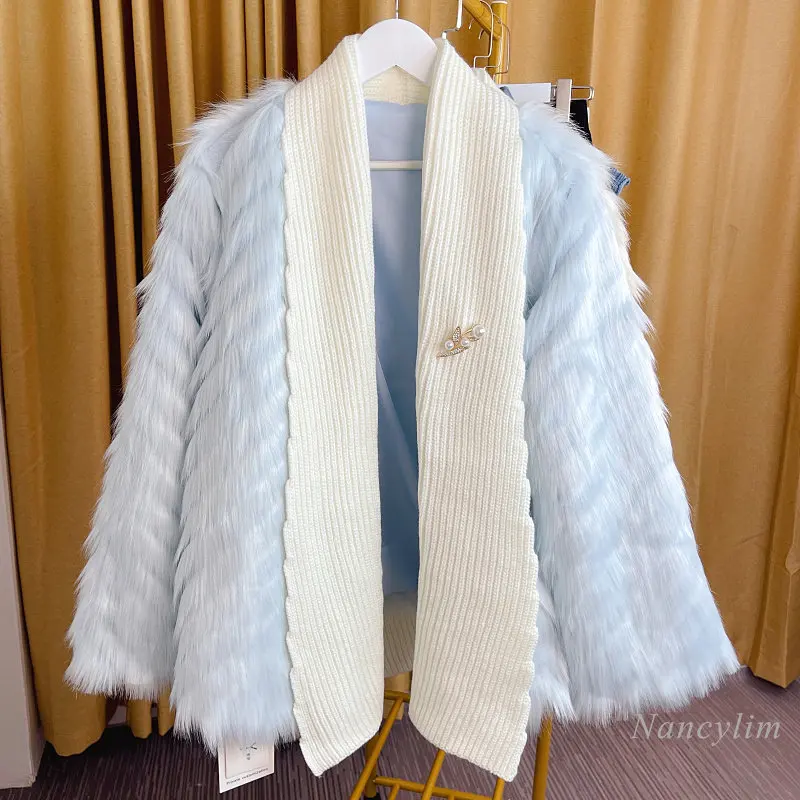 2022 Autumn and Winter Woven Imitation Fox Fur Coat Women Knitted Stitching Keep-Warm Luxury Long Fur Coats Street Overcoats