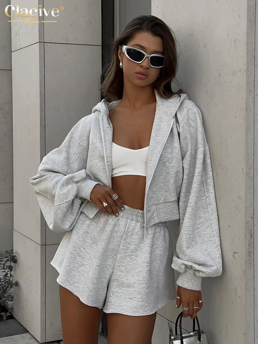 

Clacive Casual Loose Gray Tracksuit 2 Piece Sets Women Outfit 2023 Fashion Long Sleeve Hooded Zip Top With High Waist Shorts Set