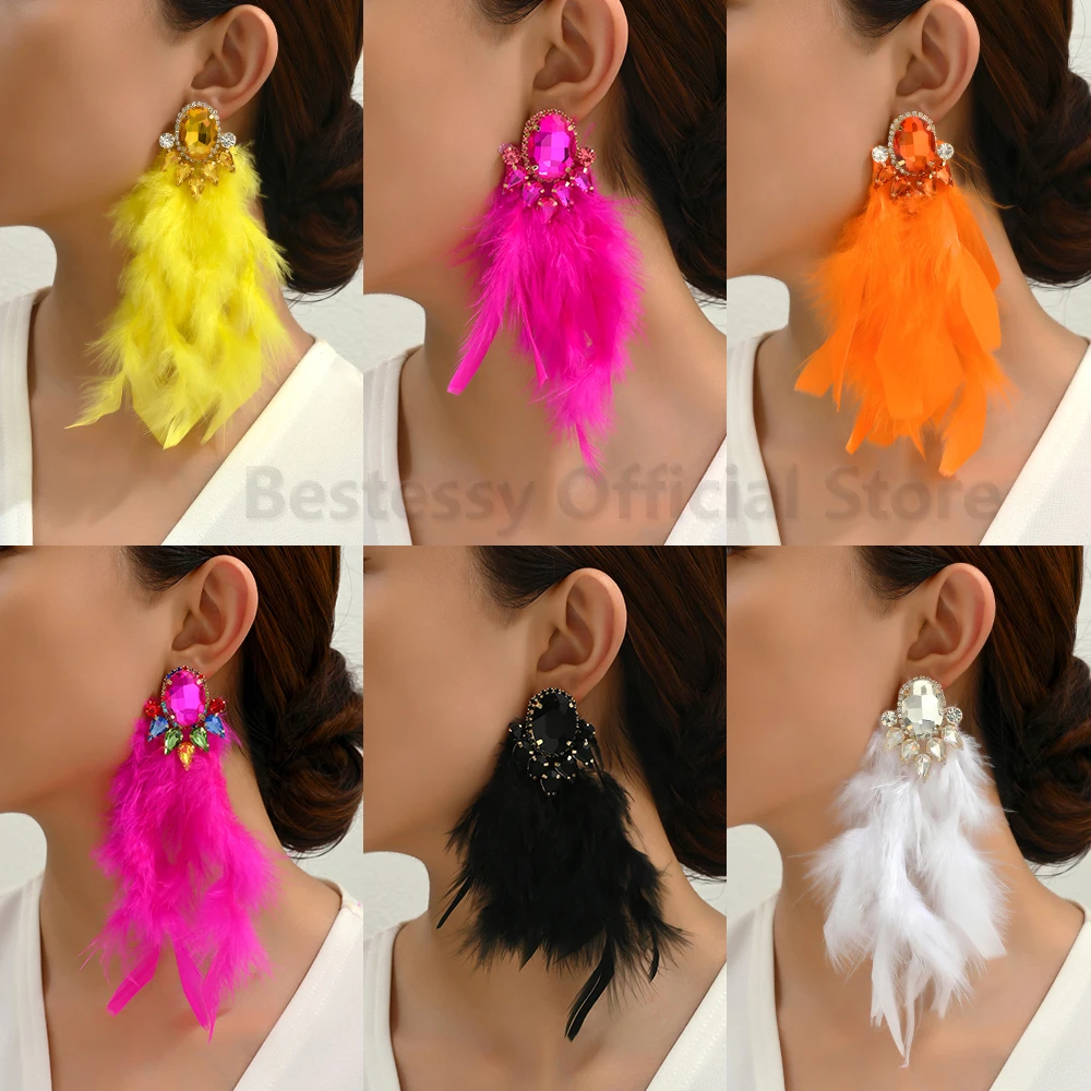 2025 элегантный декор со стразами длинные серьги-капли с перьями роскошные