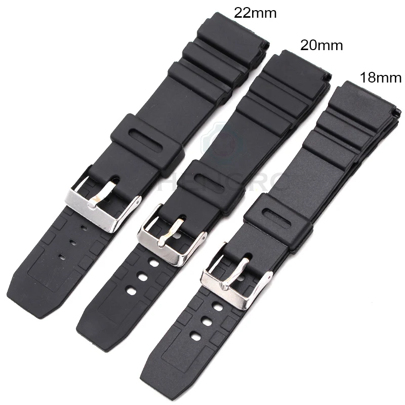 Watch Band Strap For Casio Black Sport Diving Watchband 18 20 22mm Men Silicone Bracelet With Silver Stainless Steel Pin Buckle