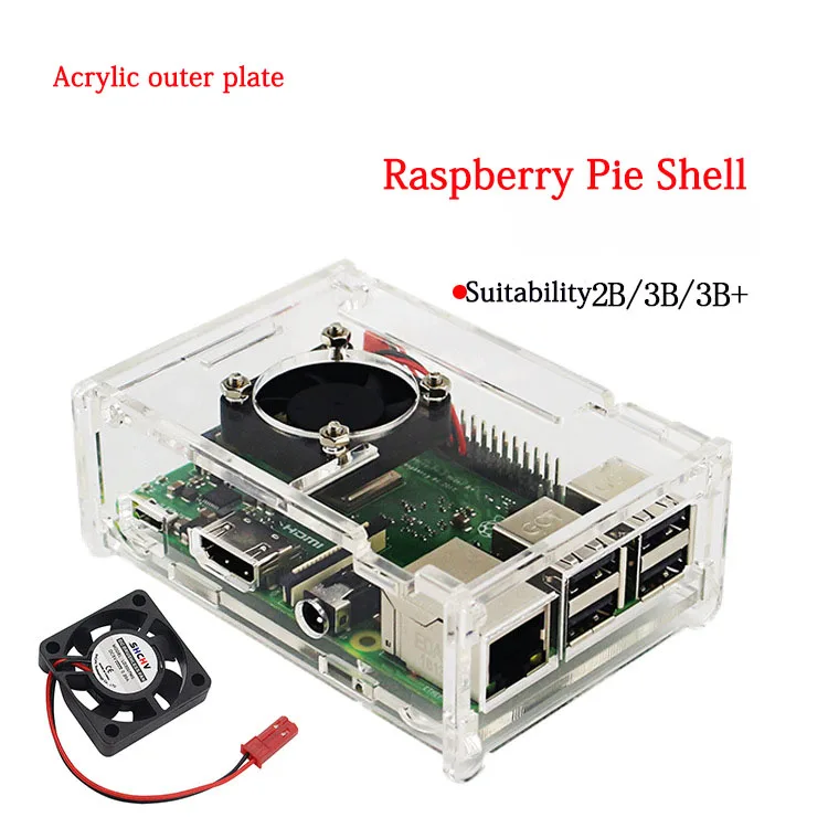 Raspberry Pi чехол, акриловый материал с вентилятором, отверстие для крепления, защитная оболочка для отвода тепла, совместимая с 3B 3BPlus 2B