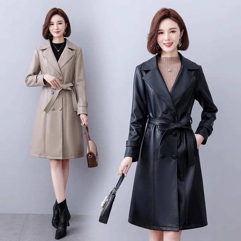 

Женский Длинный тренчкот из натуральной овечьей кожи, с V-образным вырезом