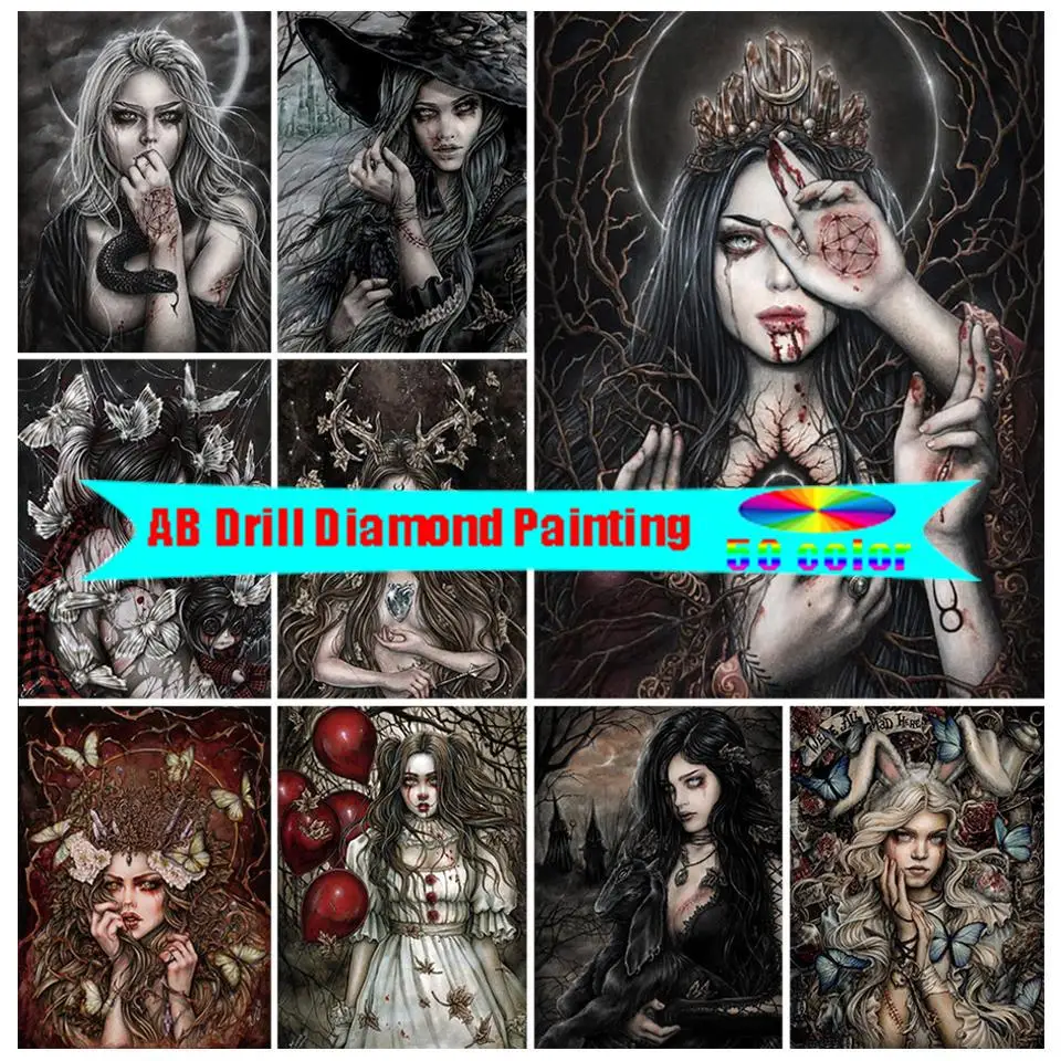 

AB Diamond Embroidery Vampire Girl Witch 5D Diamond Painting Dark Woman Mosaic Picture Cross Stitch Kits Crystal Decor Art