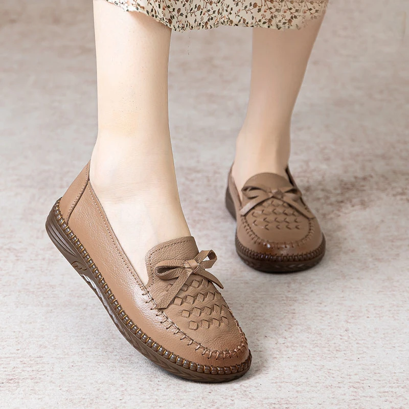Wide Fit Ladies Handmade Braid Shoes Designer Bowtie Slip On Loafers Retro Stitching Shoes for Women 2023 New Wedge Sneakers