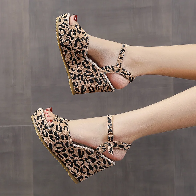 

Sexy Leopard Print Sandals Women Summer Wedge High Heel Shoes Lace Butterfly-Knot Platform Sandals Female Flats Shoes Plus Size