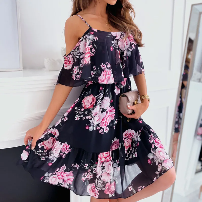 

2022 Summer Woman Sexy Spaghetti Strap Off Shoulder Floral Print Elegant Dress Casual Ladies Chiffon Beach Boho Dresses Vestidos
