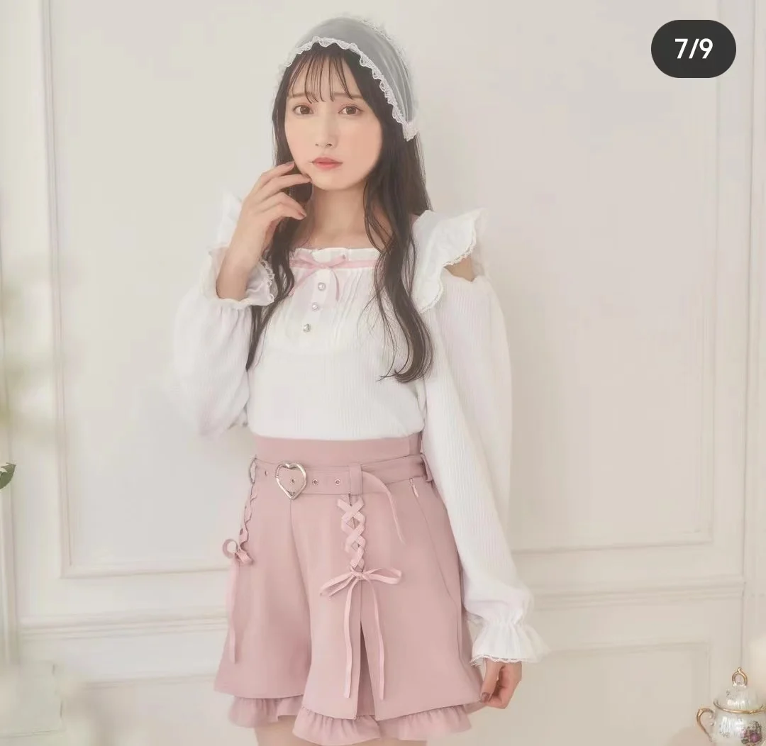 Japanese Original Summer Hc Love Belt Symmetrical Cross Ribbon Lace Shorts Women Kawaii Sweet Lolita Pink Shorts Female Culottes