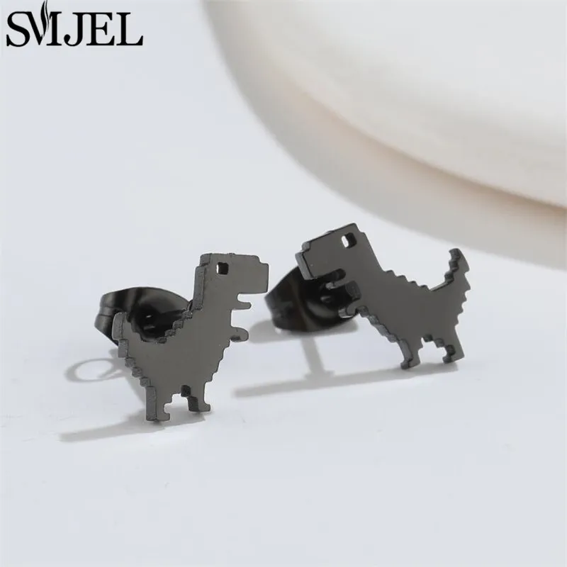SMJEL Cute Tyrannosaurus Stainless Steel Stud Earrings for Men Women Punk Small Dinosaur Animal Earings Accessories Unique Gifts images - 6