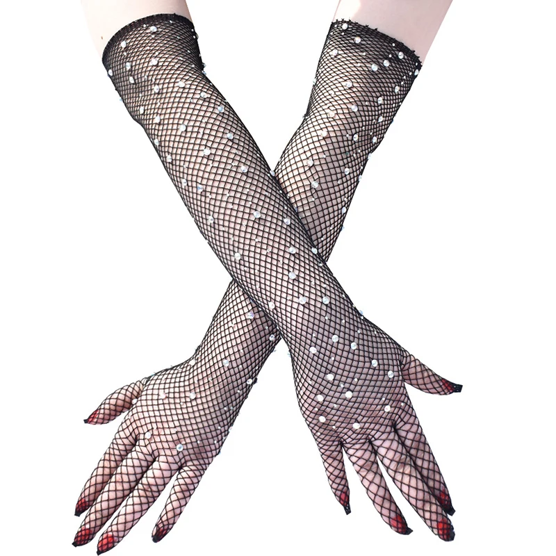 

Rhinestones Mesh Long Gloves Sexy Black Sunscreen Gloves Hollow Out Fishing Net Punk Mittens Dance Costume Party Women Gloves