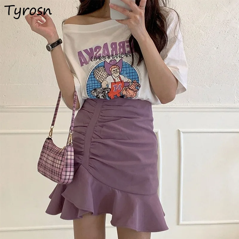 

Skirts Women Design Ruffles Folds Mini Chic Empire Streetwear Elegant Solid Purple Trumpet Faldas Mujer Korean Fashion Hot Sale