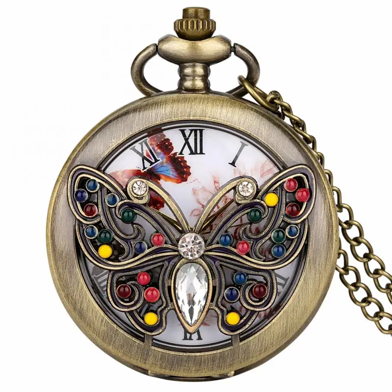 

Bronze Diamond-encrusted Butterfly Handicraft Artwork Hollow Quartz Pocket Watch Charming Necklace Sweater Chain FOB Clock Hours