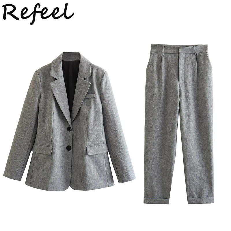 

Refeel Summer Women Oversized Blazer Wide Leg Pant Vintage Flat Fashion Button Female Solid Elegant Cut Matching Sets Outwear