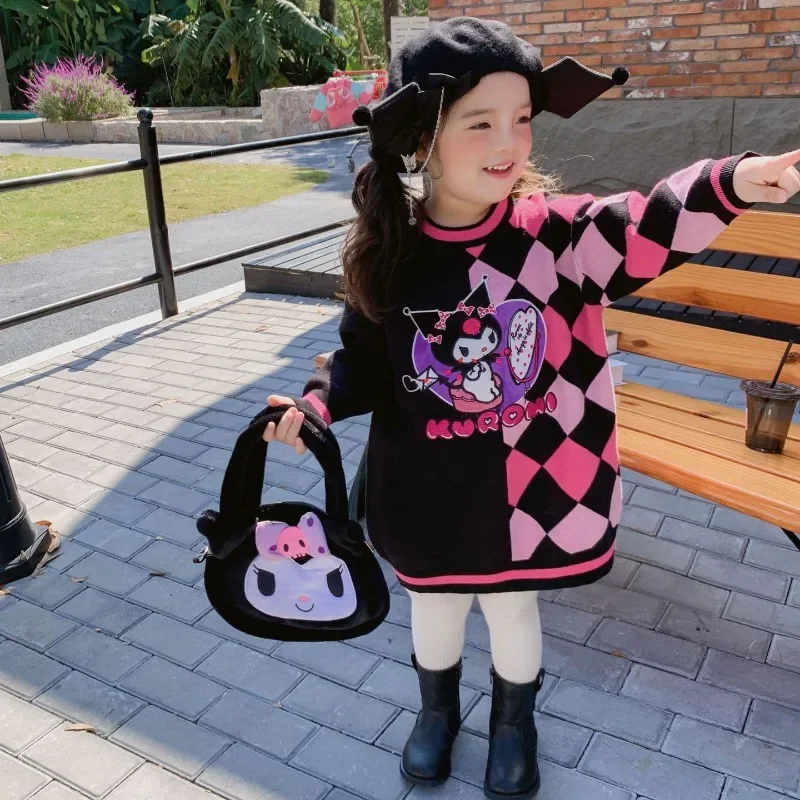 

Kawaii Sanrio Блузка Платье Kuromi Новый Повседневный Ullover Свитшот аниме ромб платья прямой круглый вырез свитер Одежда для девочек