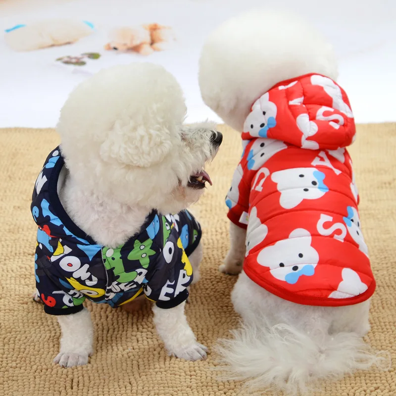 Dog Printed Cotton Coat Teddy Puppy Warm Jacket Autumn Winter Cartoon Pet Hooded Clothes Snap Button Clothing