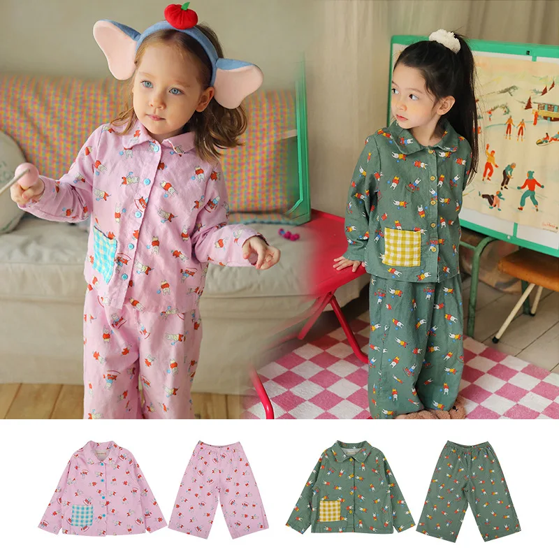 

2022 Spring Children's Home Clothes Set Korean Version Boys' Girls' Cotton Leisure Cartoon Long Sleeved Pajamas Sleeping Pants