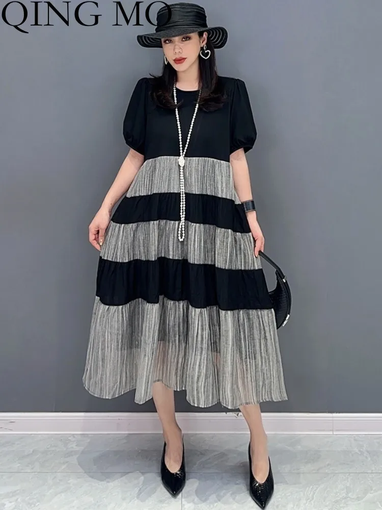 QING MO 2023 Summer New Korean Style Splicing Fabric Color Matching Fashion Short Sleeve Dress Show Slim Black Dress ZXF3019