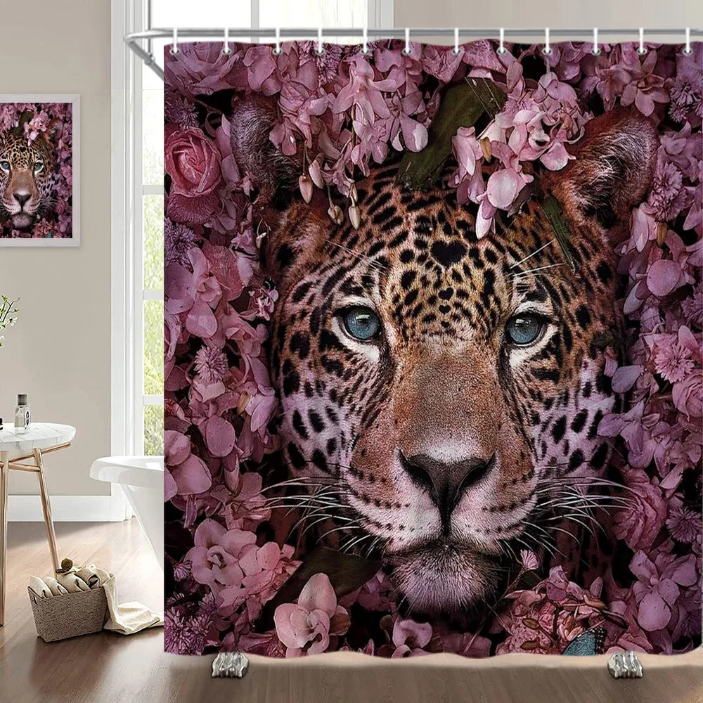 

Tiger Flower Shower Curtain Leopard Skin Background Animal Floral Design Home Decor Bath Curtain Polyester Bathroom with Hooks