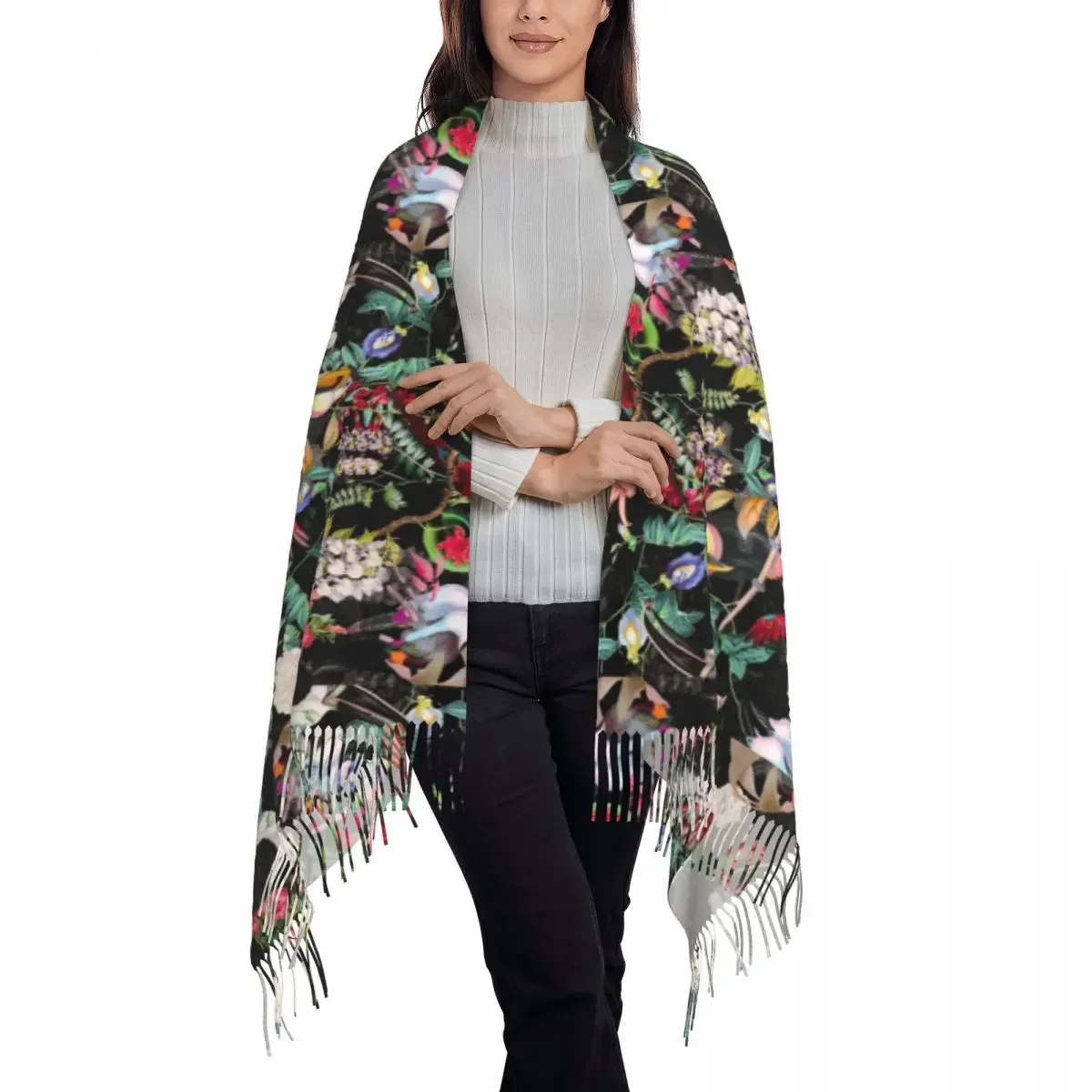 Женский шарф теплые мягкие большие шарфы с цветочным рисунком и птицами длинными