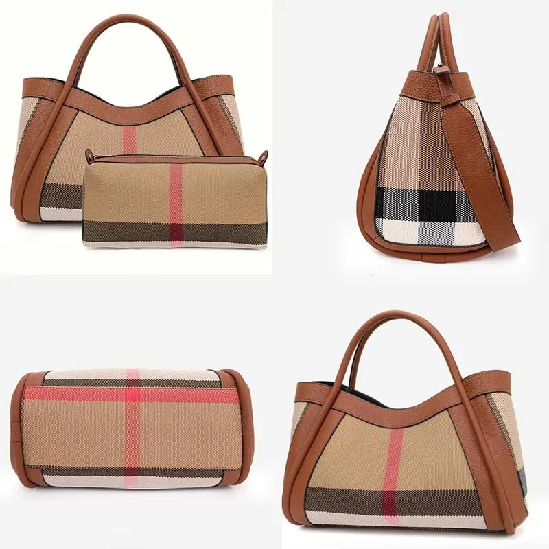 VM-Bolso de mano a rayas para mujer Bandolera grande lona y cuero genuino estilo Retro cuadros 2024 г.