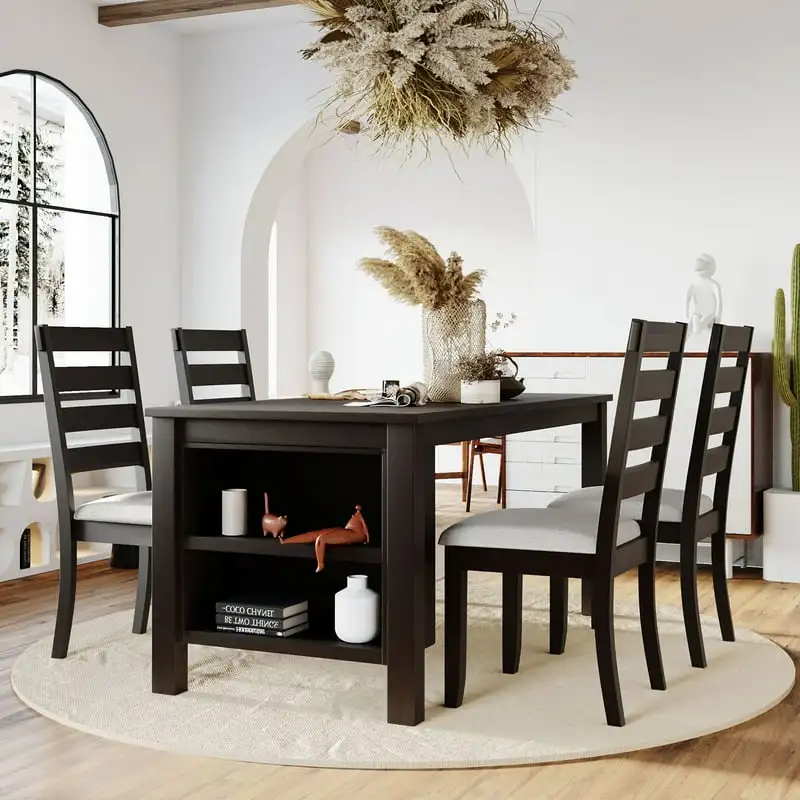 

Kitchen Dining Table and Chair Set, Farmhouse Solid Wood 59.8" Dining Room Table Set with 2-Tier Storage Shelves and 4 Padded Di