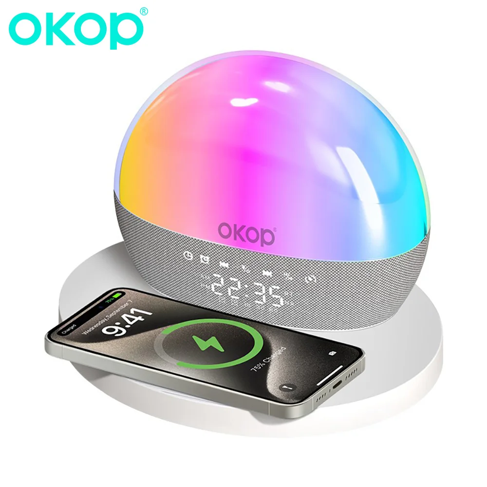 Фото OKOP Настольный Bluetooth-динамик 15 Вт Беспроводная зарядка Будильник Таймер RGB Атмосфера Свет Белый шум Музыка Вечеринка домашний кинотеатр №1