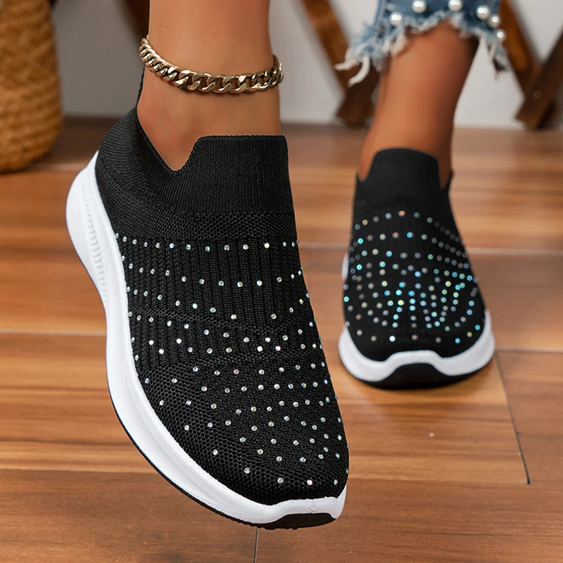 

Crystal Knitted Platform Sneakers Women Plus Size Casual Slip-On Mesh Sports Shoes Woman 2023 Autumn Breathable Sock Shoes Mujer