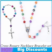 new style religious cross rosary necklace bracelet set jesus christian colorful round beads virgin mary fashion jewelry