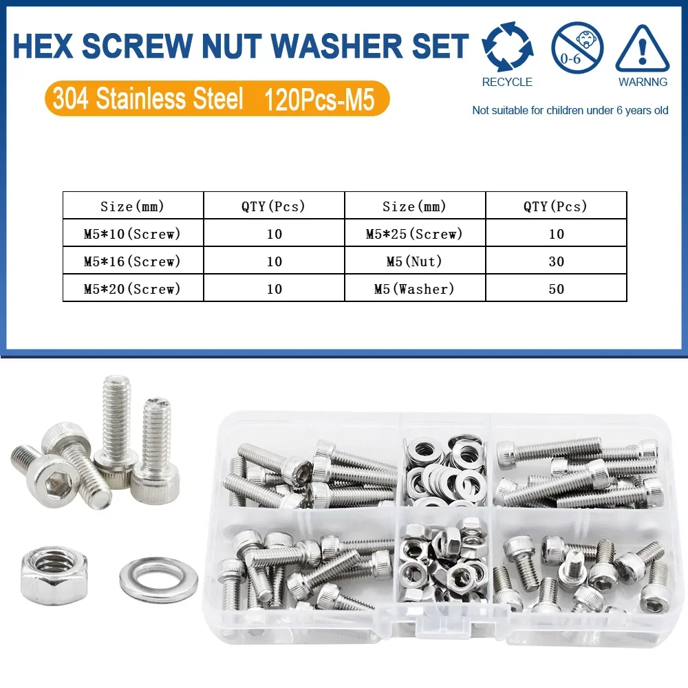 

M2 M3 M4 M5 M6 304 Нержавеющая сталь Шестигранная головка Винт Болт Гайка Шайба Комплект DIN912 Металлические машинные винты Болты с коробкой