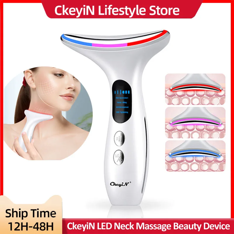 CkeyiN-masajeador de cuello EMS con fotones LED, dispositivo de belleza para cuello, vibración, Lifting facial, reafirmante, eliminación de arrugas, máquina de belleza facial