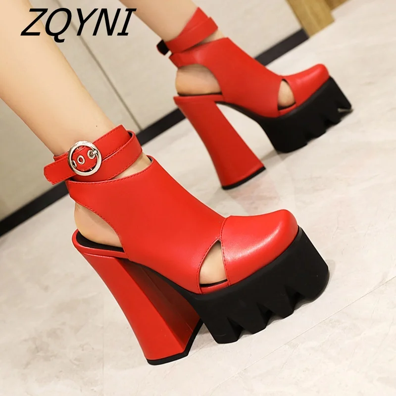 

Leather Roman high-heeled sandals buckle and opening women's runway shoes party and Wedding Shoes Sexy Black and red large
