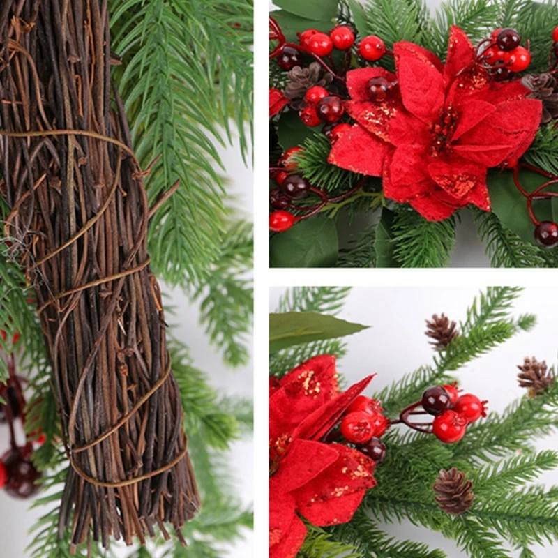 KX4B Праздничные гирлянды из сосновых шишек и ягод с цветочным акцентом для