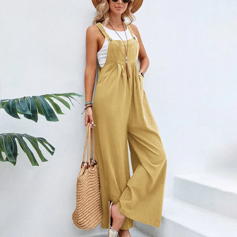 Women Casual Jumpsuits 2023 Summer Vintage Cotton Linen Straps Wide Leg Pants Fashion Spaghetti Strap Solid Bib Overalls Outfit