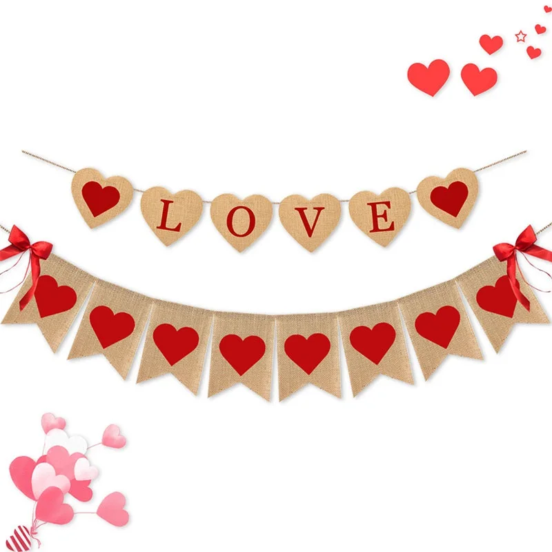 

Romantic Valentine‘s Day Banner Linen Love Heart Flag Hanging Wedding Decorations Party Supplies Birthday Baby Shower Ornaments